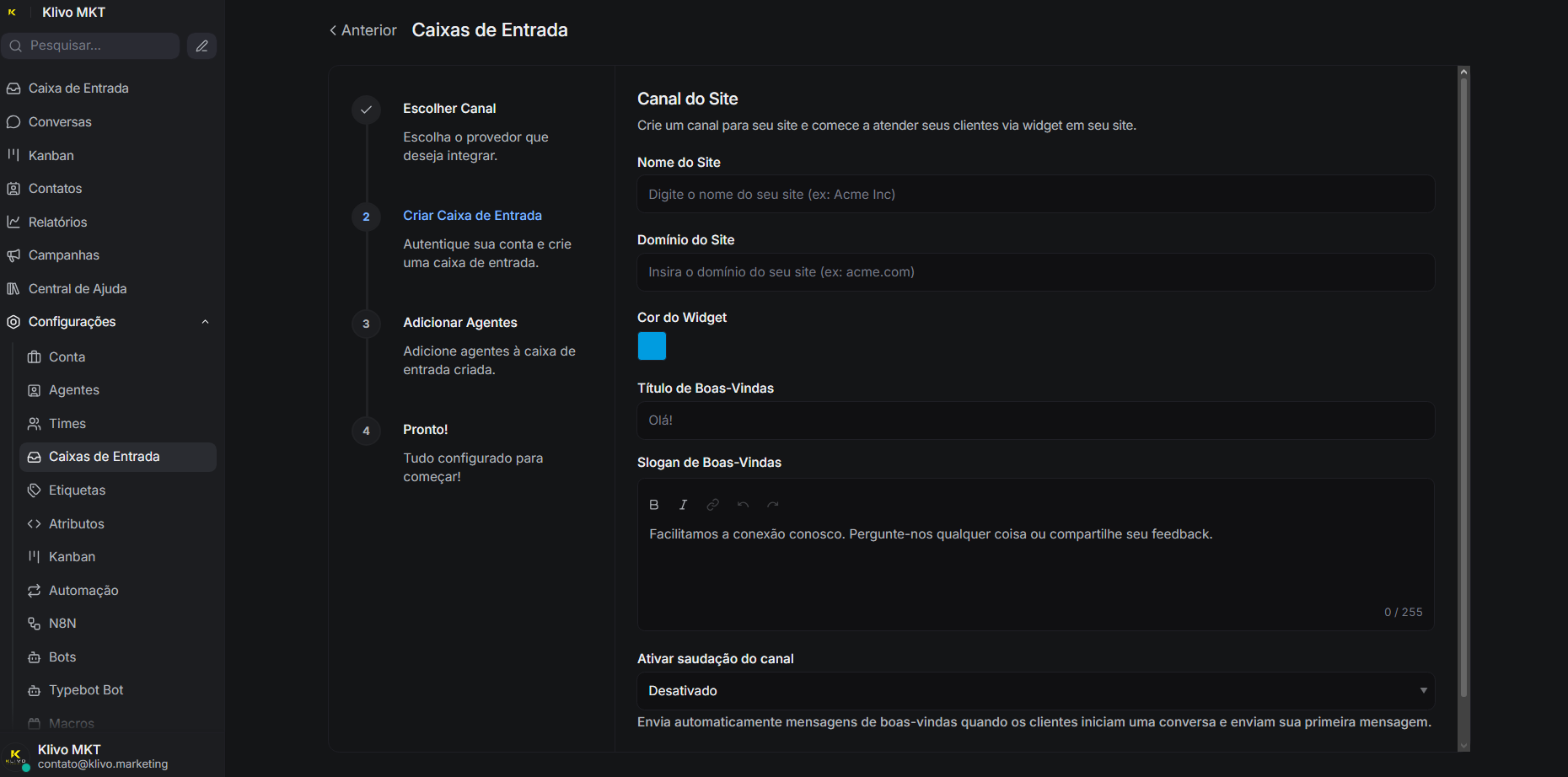 Menu Configurações → Caixas de Entrada